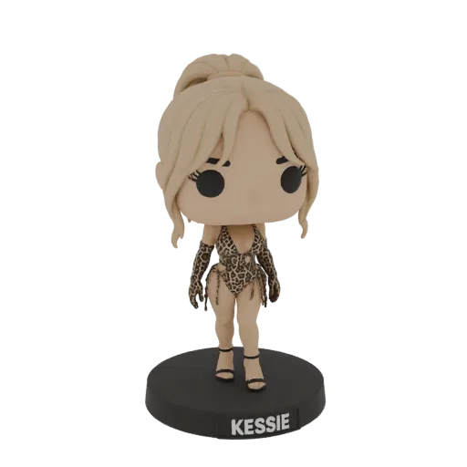 3D-Modell einer Kessie-Figur mit Leopardenmuster-Outfit auf einem schwarzen Sockel.