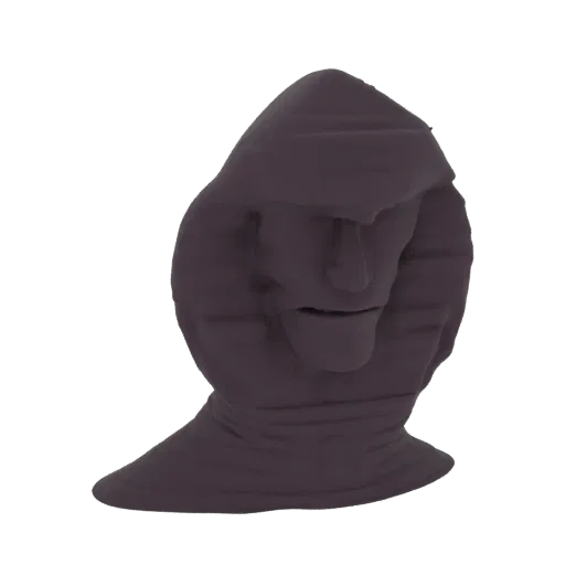 3D render of a dark, hooded figure bust with a textured surface and a partially visible, somber face.