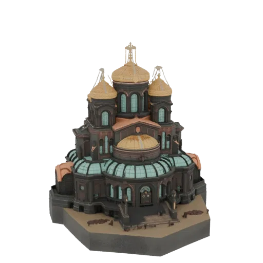 3D model of an ornate cathedral with multiple golden domes, intricate facades, and arched windows, set against a white backgr