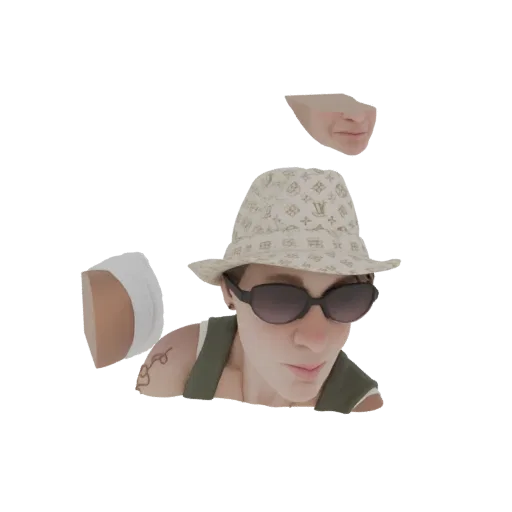 3D model of a woman wearing a patterned bucket hat and dark sunglasses, with a hint of a tattoo on her arm.