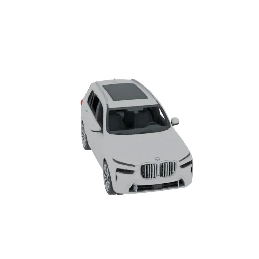 3D-Modell eines weißen Luxus-SUVs mit Panoramadach und Leichtmetallfelgen, aus dreiviertel Frontansicht.