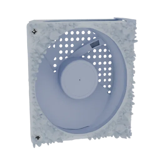 Modelo 3D de ventoinha de computador coberta por gelo e geada realistas, com pás e estrutura visíveis.