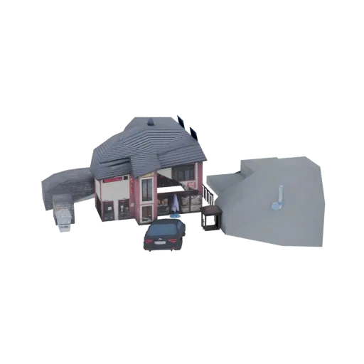 3D model of a modern two-story commercial building with an attached garage, a parked car, and a layered roof design.
