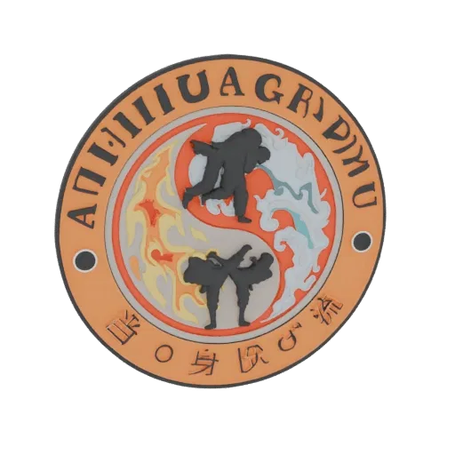 3D model of a circular martial arts emblem with a Yin Yang symbol, two combatant figures, and fire and water elements.