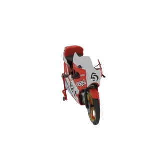 3D model of a vintage racing motorcycle with a red and white livery and the number 5 prominently displayed on the front.