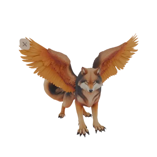 3D-Modell eines mächtigen Wolfs mit großen, orangefarbenen Federn, ausgebreiteten Flügeln, stehend auf weißem Hintergrund.
