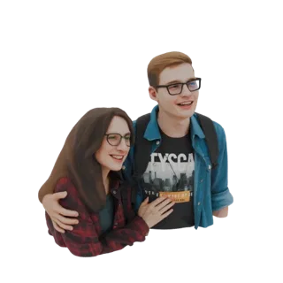 Modelo 3D de una joven pareja, un hombre y una mujer, abrazándose cariñosamente, ambos con gafas y ropa casual.