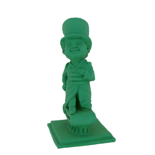 A 3D render of a green figurine of a gentleman wearing a top hat and suit, standing on a decorative base.