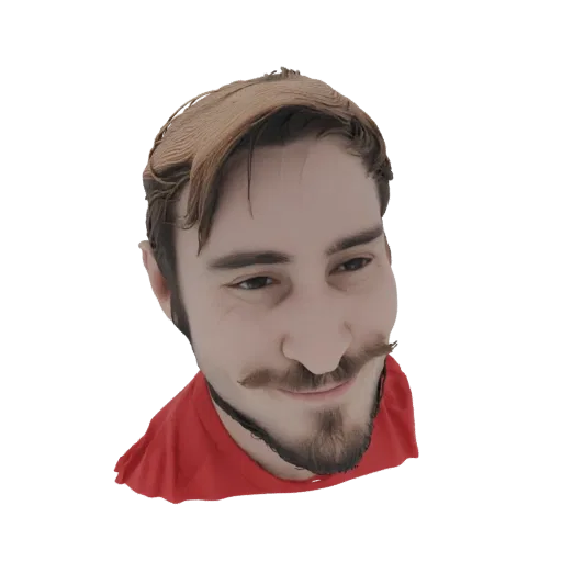 3D model render of a man with a brown mustache and beard, wearing a red shirt, against a white background.