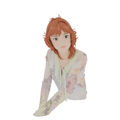 3D model of an anime girl with short, wavy red hair, large brown eyes, and a pastel floral print blouse, posed with her arms