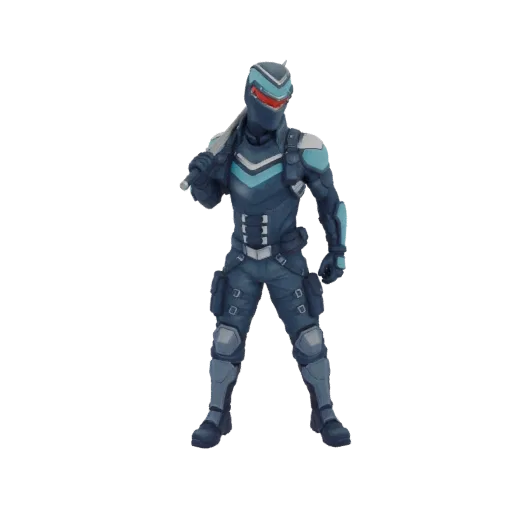 3D model of a futuristic cybernetic warrior in a dark blue and teal armored suit, holding a weapon over its shoulder.