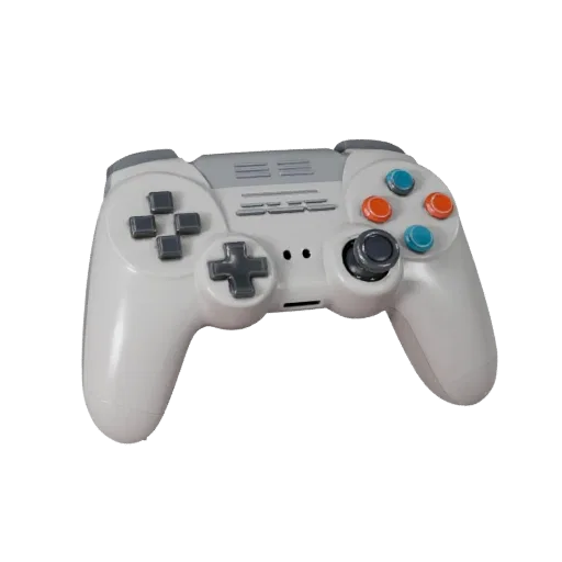 Retro Controller Produktvisualisierungs-3D-Modell, Drei-Viertel-Studio-Produkt-Render, zeigt matten Kunststoff, Konsolenproportionen.