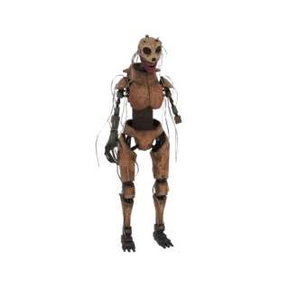 A full-body render of a rusty, vintage mechanical doll with exposed wires and a grimacing face, standing against a white back