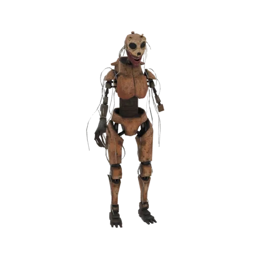 A full-body render of a rusty, vintage mechanical doll with exposed wires and a grimacing face, standing against a white back