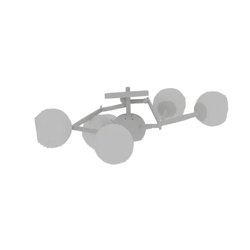 Modelo 3D de um chassi de rover futurista com múltiplas rodas e componentes de suspensão, renderizado em material cinza claro