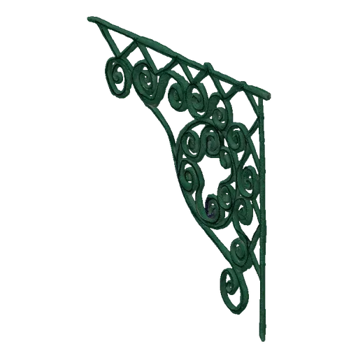 A 3D render of an ornate green metal scroll bracket with intricate scrollwork and a diamond pattern, set against a neutral ba
