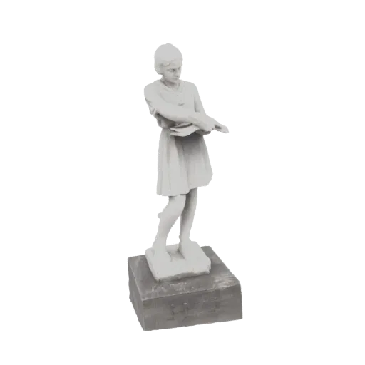 3D model of a white statue of a young boy wearing a tunic, standing on a grey rectangular base.