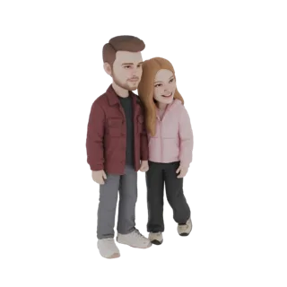 Modelo 3D de una pareja joven abrazándose, con el hombre con chaqueta granate y la mujer con sudadera rosa.