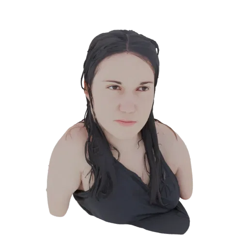 3D model of a young woman with wet dark hair and a black dress, looking to the side with a thoughtful expression.