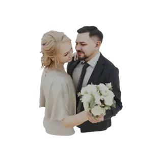3D model of a romantic wedding couple, bride in a shimmering dress and groom in a suit, holding a bouquet of white roses, in