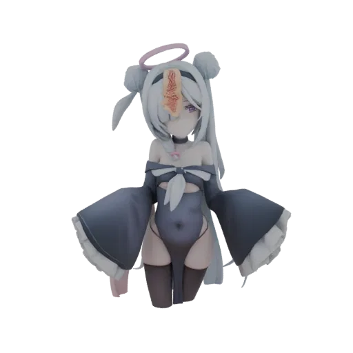 3D render of an angelic anime character with white hair, a pink halo, a horn on its forehead, and a dark, flowing outfit.