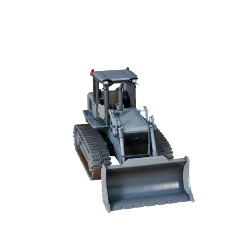 Roadwork Bulldozer 3D model, side profile view, technical viewport render, showing painted steel, form detail.