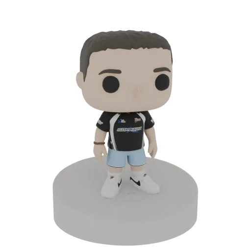 3D model of a gamer character in Funko Pop style, wearing a black and white t-shirt and blue shorts, standing on a white circ