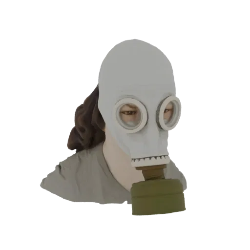 3D model of a person wearing a light gray gas mask with a green filter, viewed from the side.