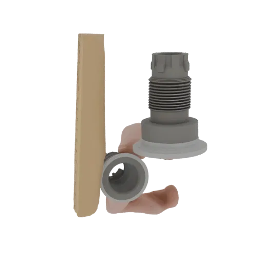 Renderização 3D de um conector de encanamento ajustável com topo rosqueado cinza, seção de fole flexível e base de flange bra