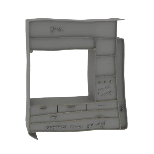Modelo 3D de mueble retro gris con tallas ornamentales en cajones y parte superior, con estantes a la derecha.