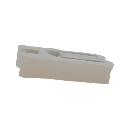 3D model render of a single, modern, minimalist shelf bracket in a neutral color, viewed from a side angle.