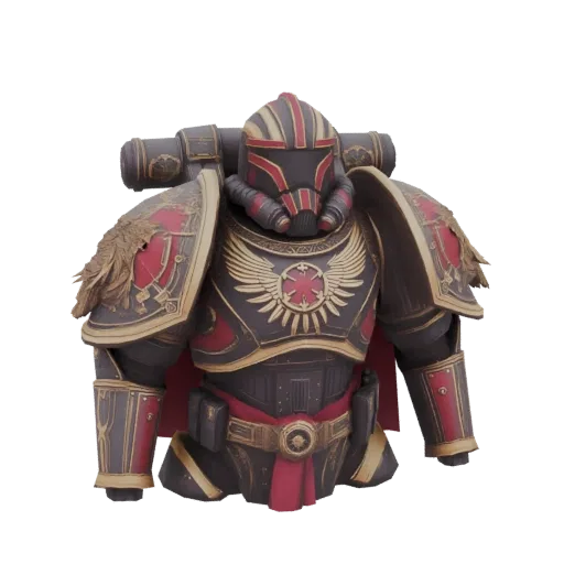 3D model of a Space Marine bust with dark armor, red and gold accents, and an eagle emblem on the chest.