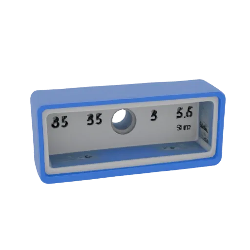 3D model of blue housing with digital indicators '35', '35', '3', '5.5' and central through-hole.