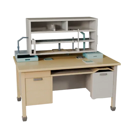Organizador de Escritorio Corporativo Modelo 3D Low Poly, vista de tres cuartos en viewport de juego, mostrando siluetas de p