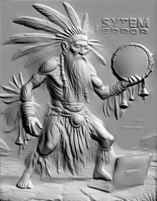 3D model of a shaman bas-relief in glasses, holding a drum and looking at a laptop, with 'SYTEM ERROR' inscription
