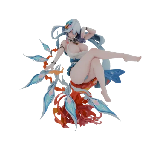 3D model of an elegant water nymph with flowing blue drapery and ethereal wings, posed gracefully against a dark background.