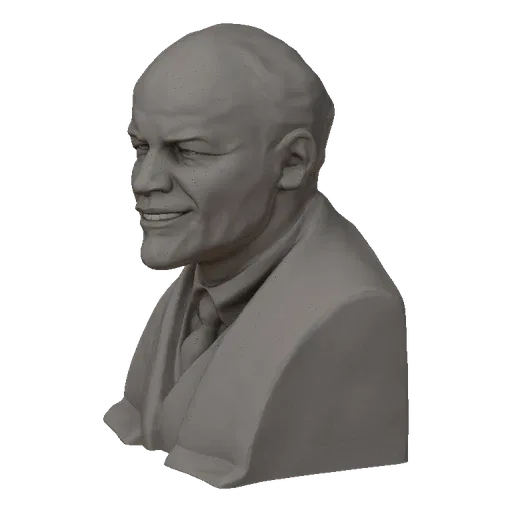 3D model render of a bust of Vladimir Lenin, showing his head and shoulders, with a rare smiling expression.