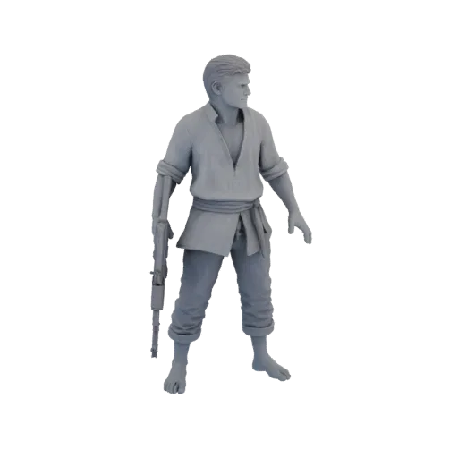 3D model render of a male adventurer standing with a rifle, wearing simple clothing and bare feet.