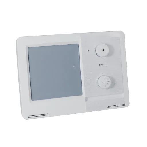 Voice Controlled Smart Thermostat 3D model, three-quarter studio product render, showing white plastic, form detail.