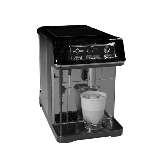 Stainless Coffee Machine 3D model, dining room, three-quarter front view, Unreal Engine viewport, plastic detail.