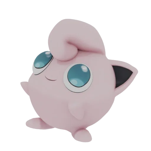 A 3D render of the Pokémon Jigglypuff, depicted with its characteristic pink body, large blue eyes, and a gentle smile, again