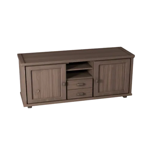 Modelo 3D estilizado de aparador flutuante, sala de jantar, renderização isométrica estilizada, detalhe de madeira pintada.