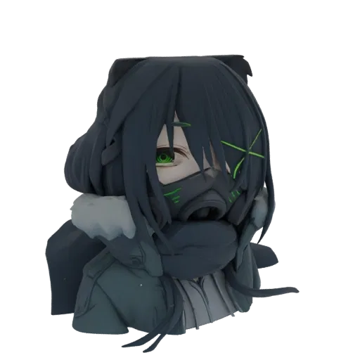 3D-Modell-Rendering einer Anime-Mädchenbüste mit Gasmaske und Katzenohren, mit grünen Akzenten.