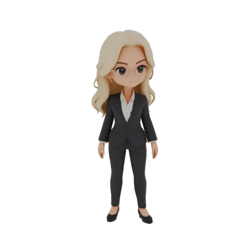 A 3D render of a cute chibi businesswoman wearing a dark suit and glasses, with blonde hair.