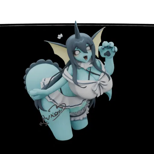 3D model of a blue Vaporeon character wearing a white maid outfit with a frilly apron and bow, striking a playful pose.