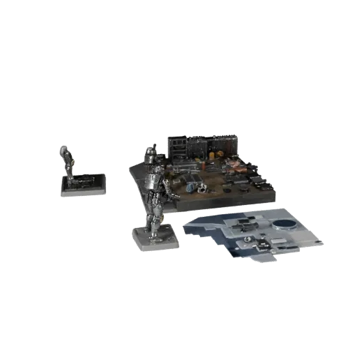 Aperçu du modèle 3D Vignette de Bataille Spatiale Haute Poly montrant les pièces superposées, la vue rapprochée en studio, la profondeur et l'échelle d'affichage