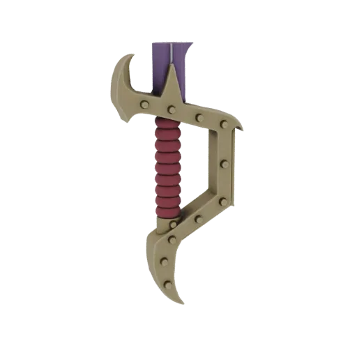 3D model of a stylized axe with a purple segmented grip and curved gold-toned blades adorned with rivets.