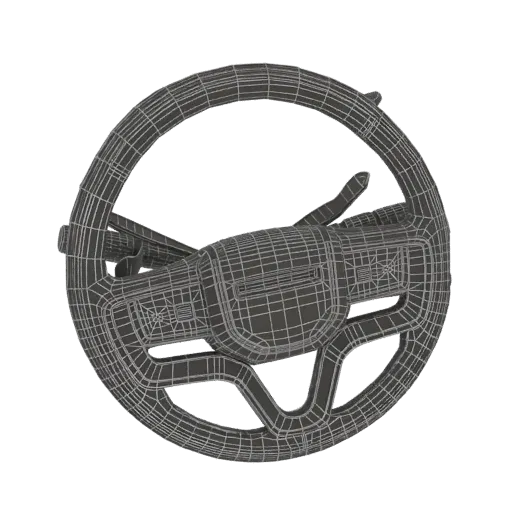 A 3D model of a steering wheel rendered in a wireframe style against a black background.