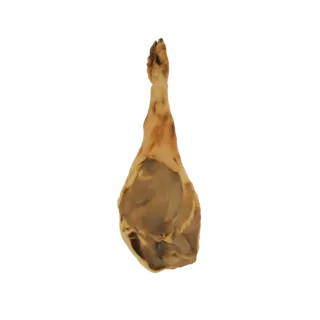 Um modelo 3D de um pé de porco cru, mostrando a carne e a estrutura óssea contra um fundo preto.
