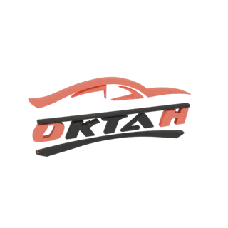Modèle 3D du logo de voiture OKTAH, avec une silhouette de voiture corail au-dessus d'un lettrage audacieux 'OKTAH' gris fonc